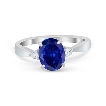 Three Stone Oval Engagement Ring Simulated Blue Sapphire CZ 925 Sterling Silver